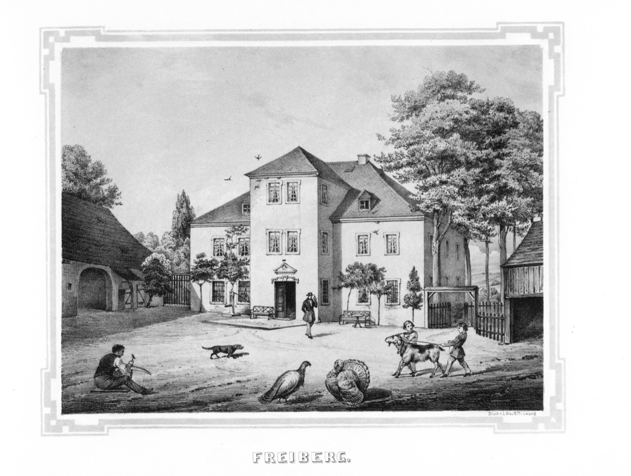 Lithografie des Ritterguts Freiberg oberen Teils, um 1856